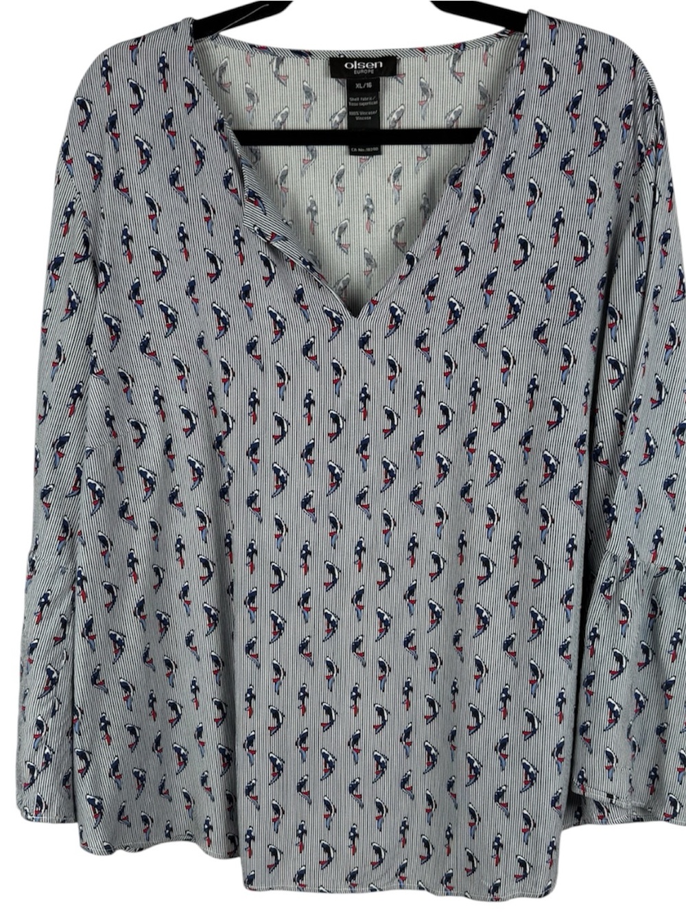 Olsen Europe XL Striped Fish Print V-Neck Bell Sleeve Viscose Blouse Top